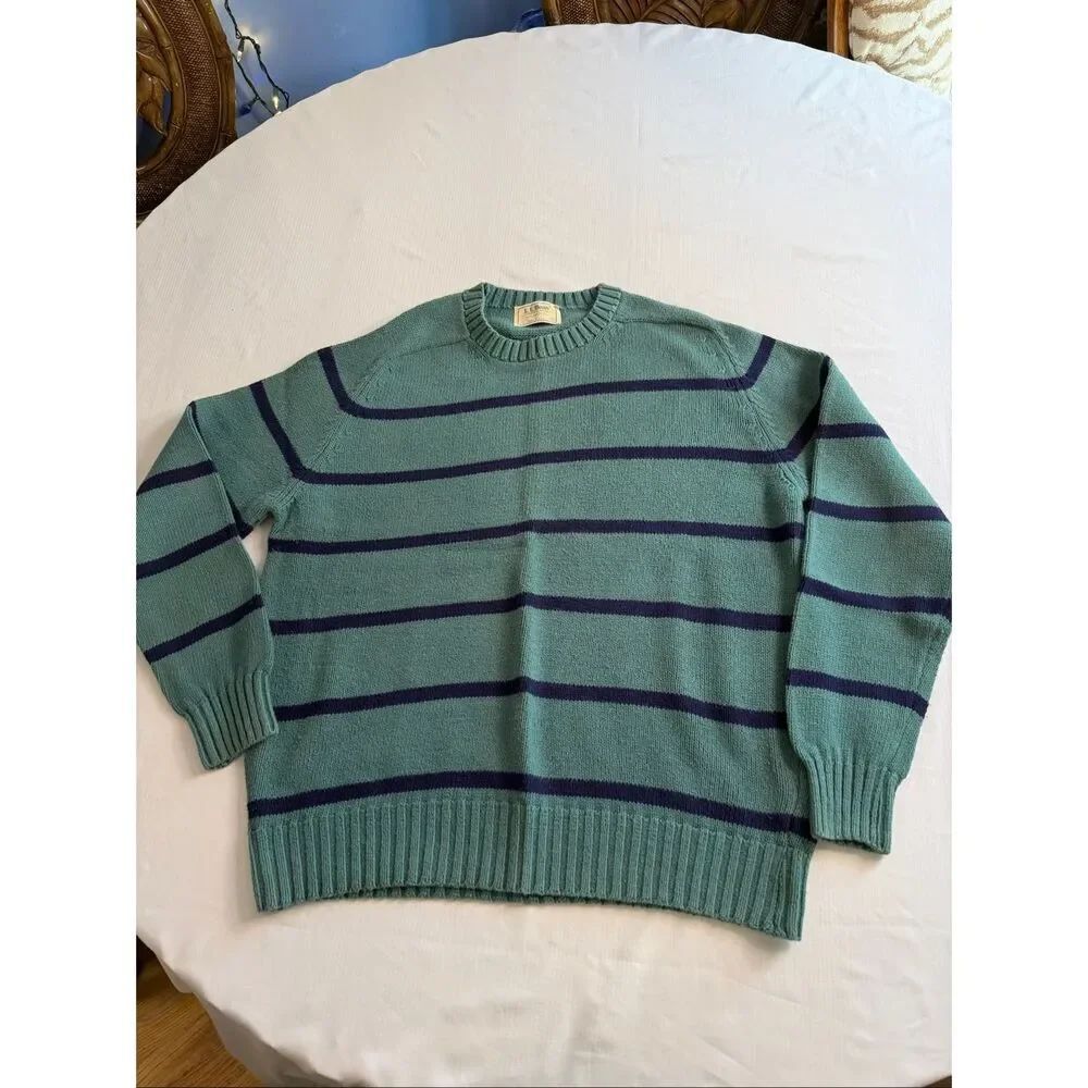 L.L. Bean Vintage Green Blue Stripe Fine Cotton Crewneck USA Sweater Size XL